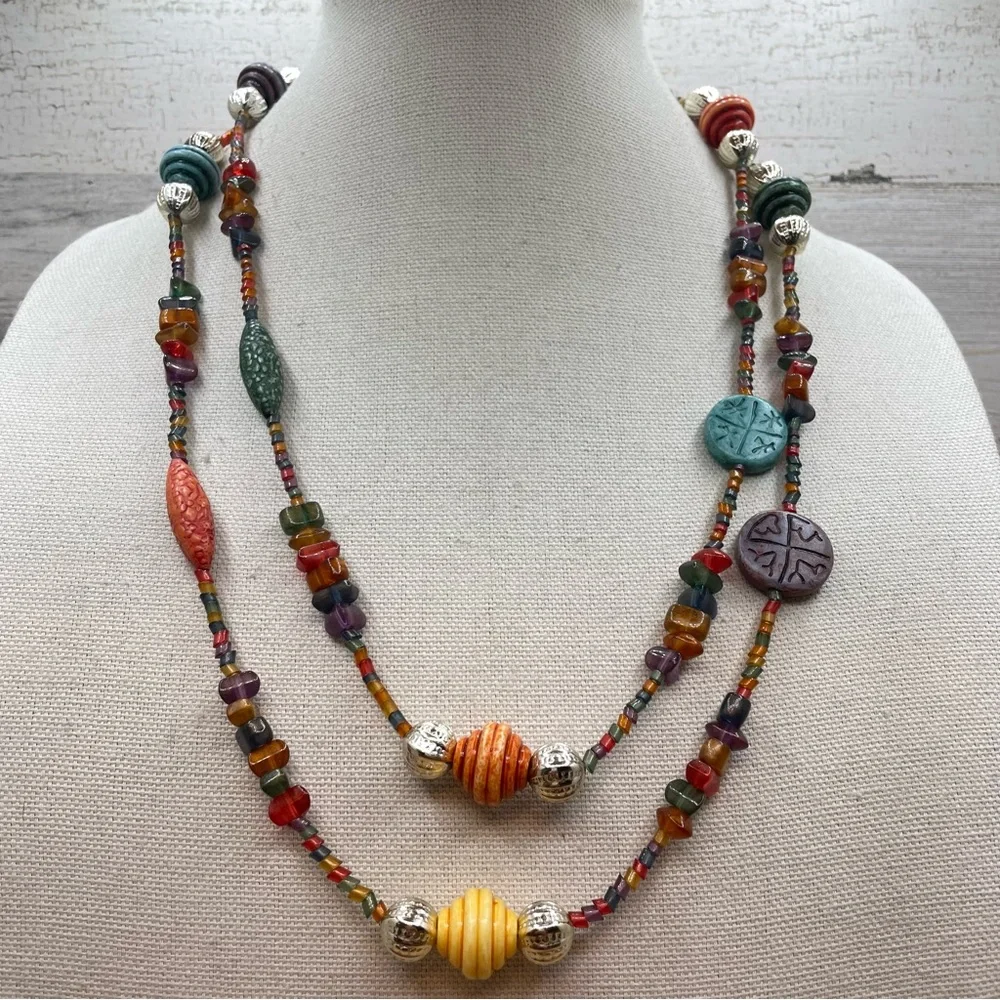 Beautiful Unsigned Multi Color Seed Bead Beaded Long Statement Necklace